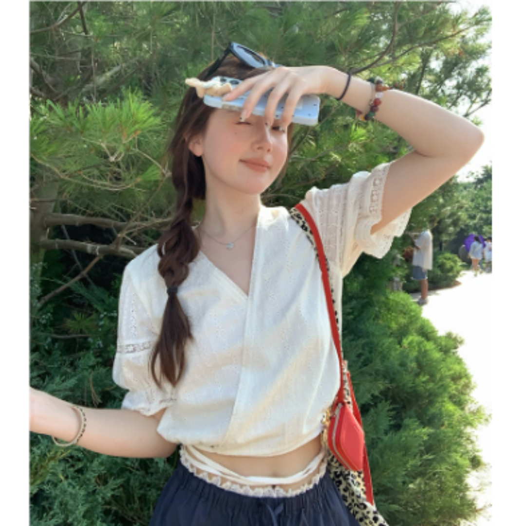 Damen Weiße V-Ausschnitt Oktoberfest Dirndl Bluse