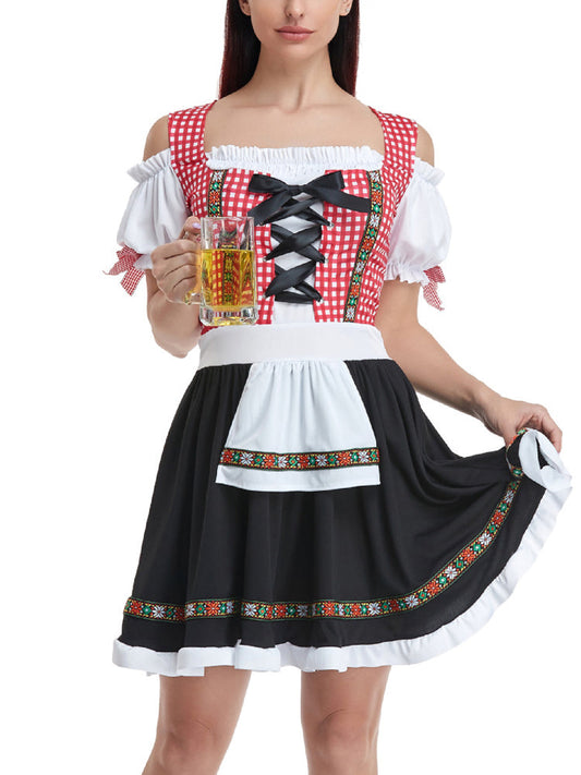 Damen Dirndl Kleid Kariert Klassisch – Oktoberfest Trachtenkleid mit Schürze und Bluse