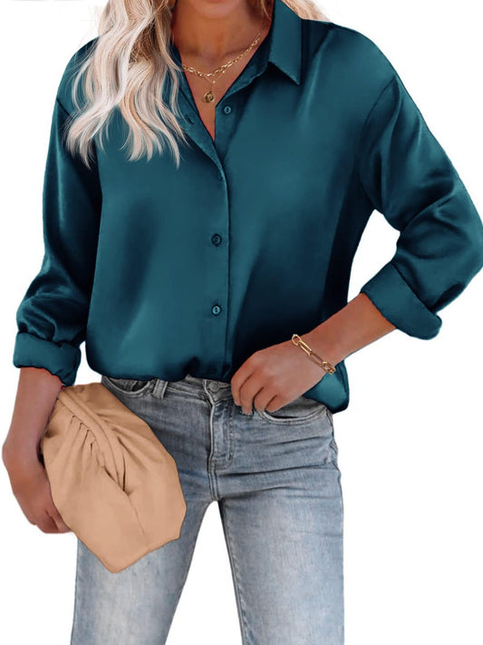 Esthere | Lässige Satinbluse mit Knopfleiste und langen Ärmeln