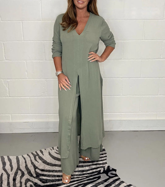 Damen Lässiges Zweiteiliges Set mit Langem Top & Hose | Eleganter Look