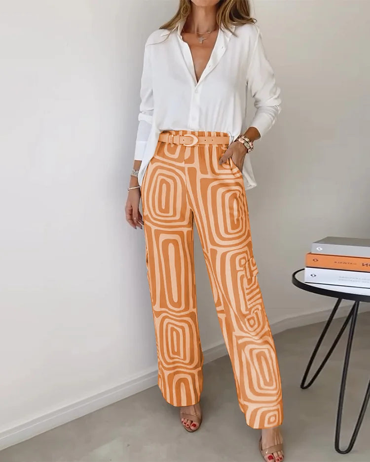Zweiteiliges Damen Set mit Langarmshirt & Weiter Hose | Formeller Look
