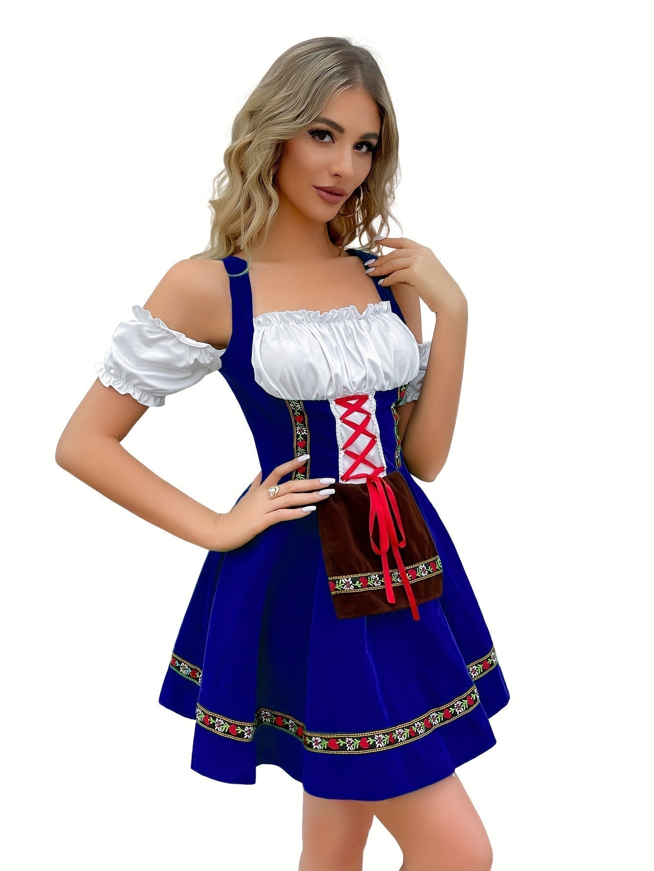 Damen Schulterfrei Blau Oktoberfest Dirndl Kleid
