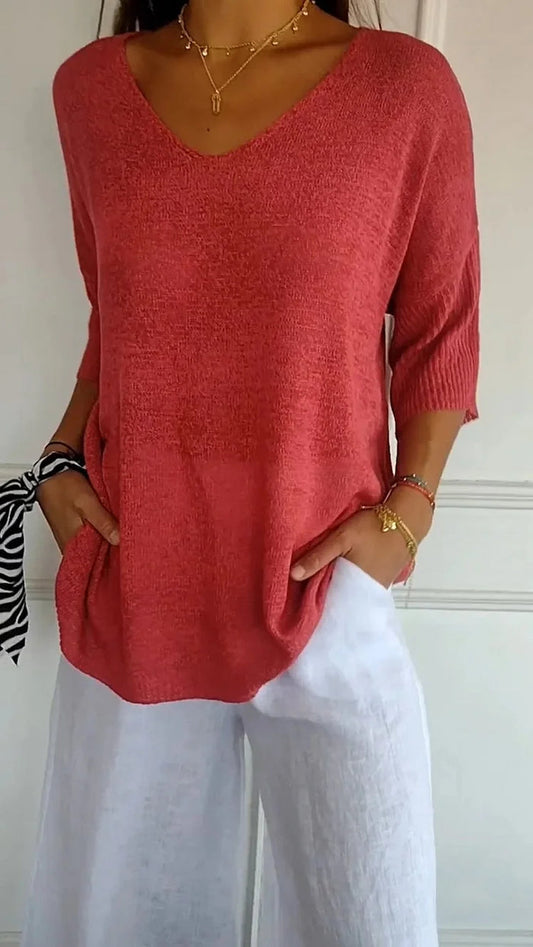 Stricktop Mit V Ausschnitt Für Damen | 3/4 Ärmel