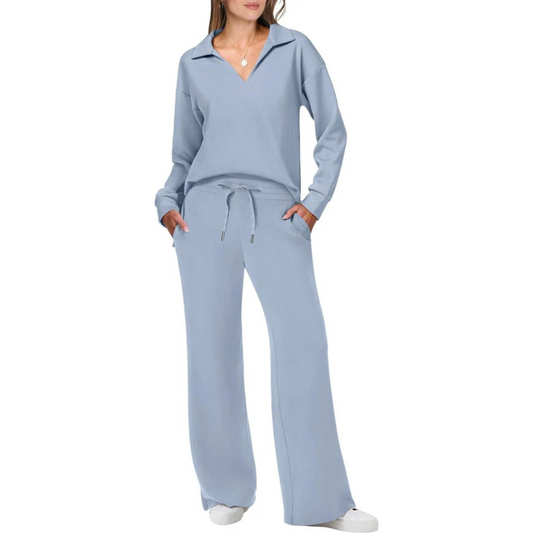 Zweiteiliges Damen Set mit V-Ausschnitt Top & Lockeren Hosen | Schicker Freizeit Look