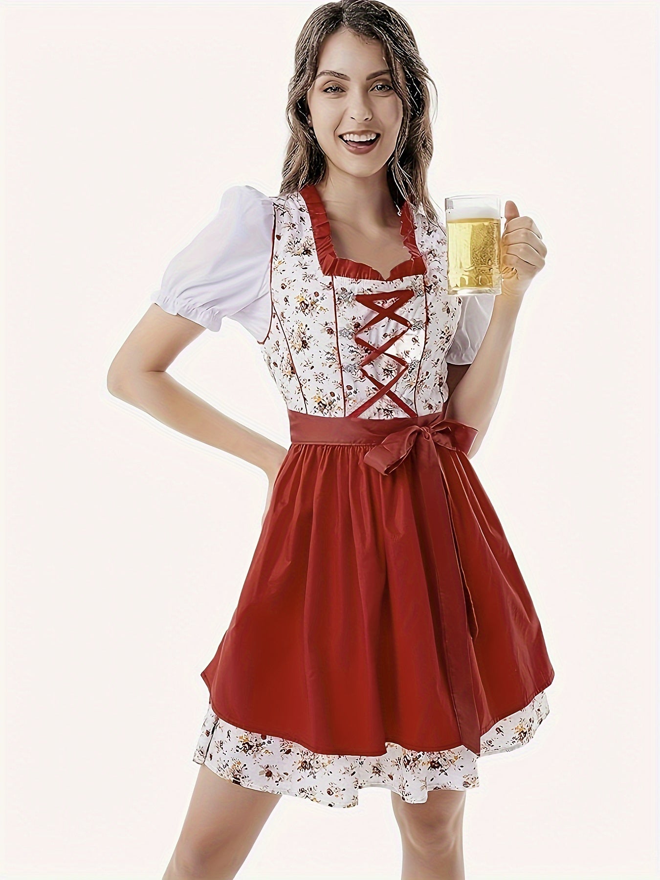 Rotes Oktoberfest-Dirndl mit Blumenmuster – Traditionell & Strahlend