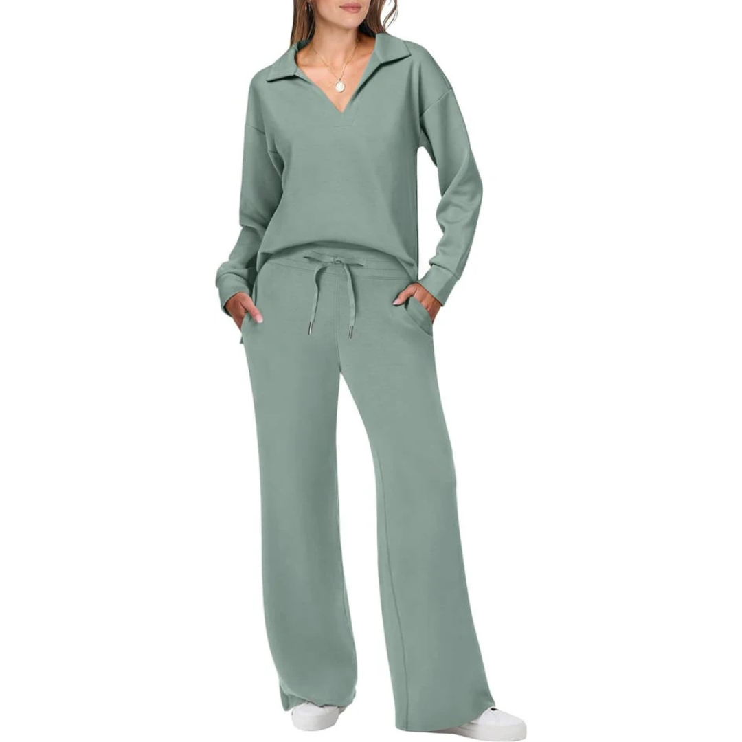 Zweiteiliges Damen Set mit V-Ausschnitt Top & Lockeren Hosen | Schicker Freizeit Look