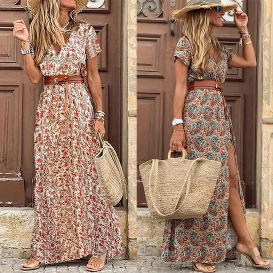 Damen Kleid Mit V Ausschnitt Und Kurzen Ärmeln | Maxi