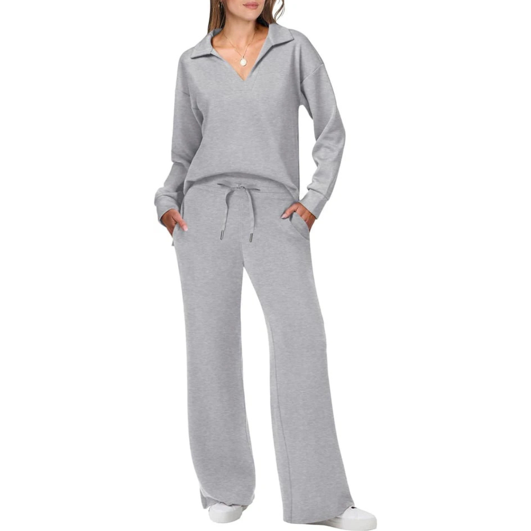 Zweiteiliges Damen Set mit V-Ausschnitt Top & Lockeren Hosen | Schicker Freizeit Look