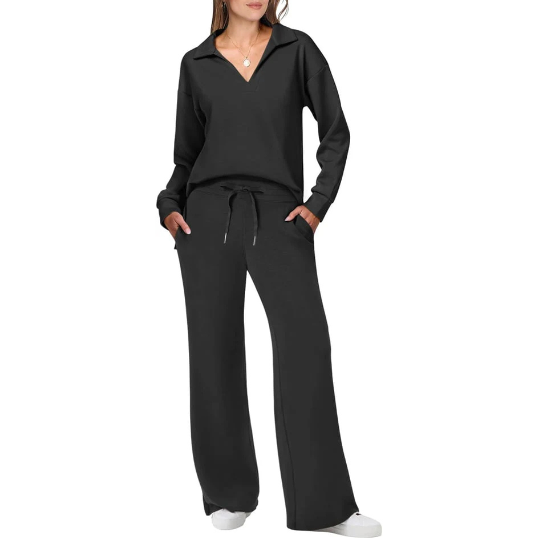 Zweiteiliges Damen Set mit V-Ausschnitt Top & Lockeren Hosen | Schicker Freizeit Look