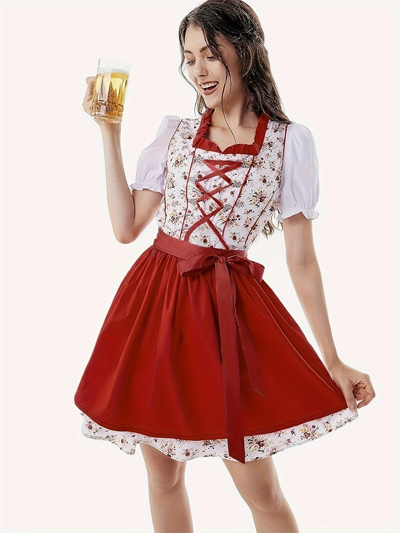 Rotes Oktoberfest-Dirndl mit Blumenmuster – Traditionell & Strahlend