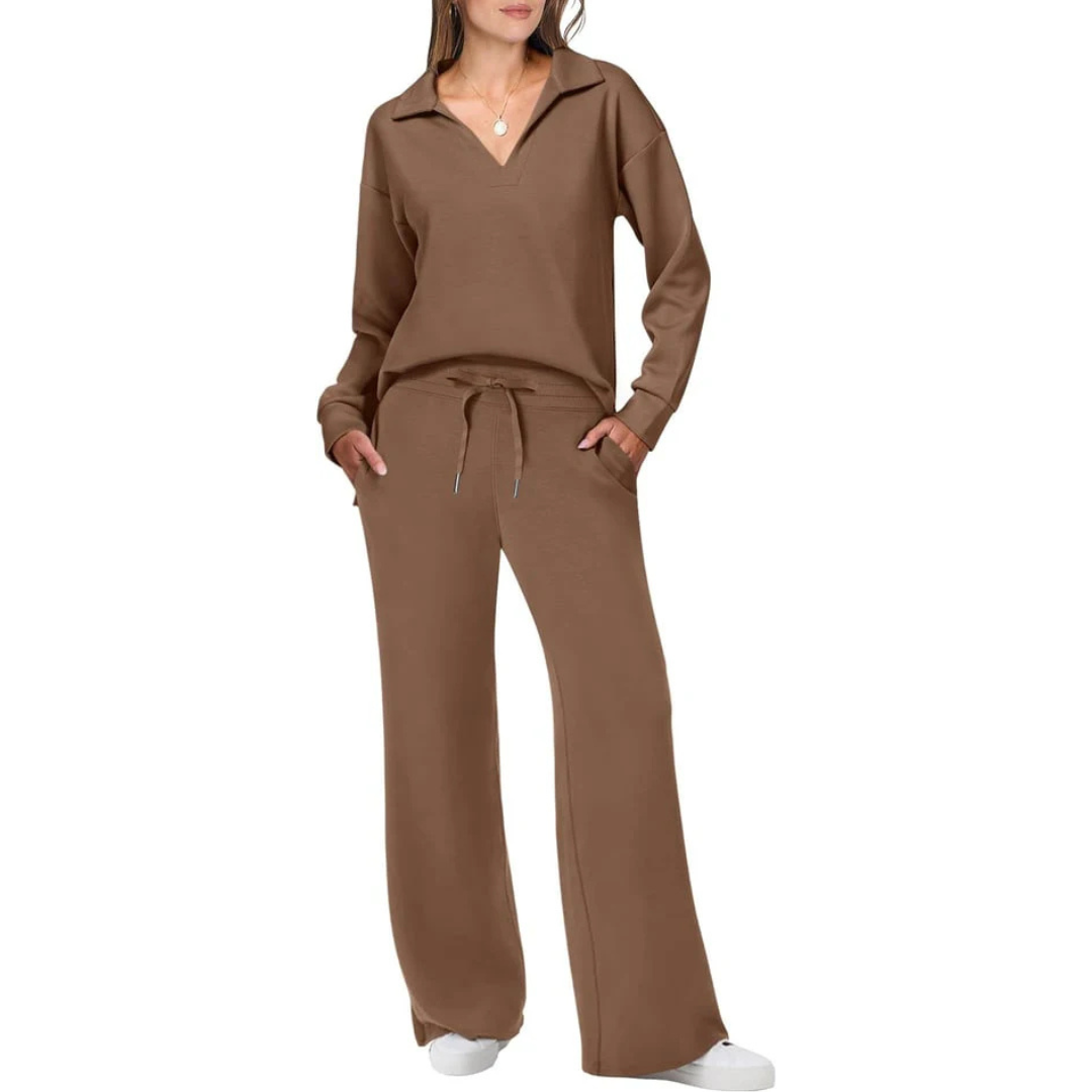 Zweiteiliges Damen Set mit V-Ausschnitt Top & Lockeren Hosen | Schicker Freizeit Look