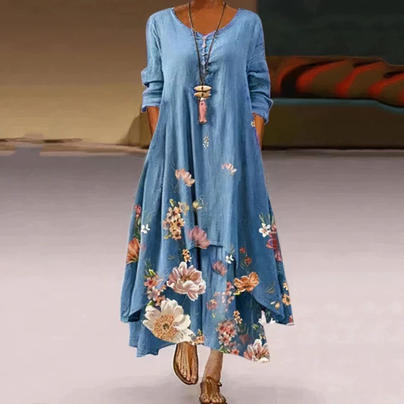 Damen Sommer Doppellagiges Langarm Bedrucktes Kleid | Maxi
