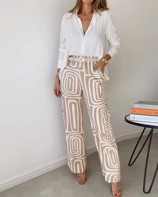 Zweiteiliges Damen Set mit Langarmshirt & Weiter Hose | Formeller Look
