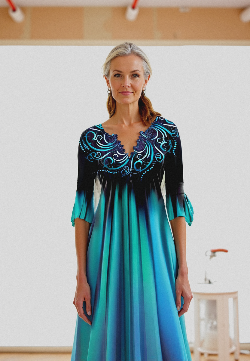 Kleid mit 3/4 Ärmeln und Farbverlauf für Damen | Midi-Länge & Stilvoll