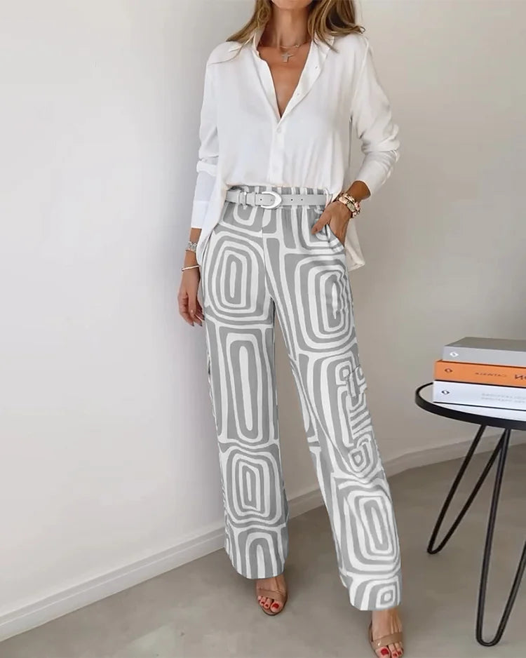 Zweiteiliges Damen Set mit Langarmshirt & Weiter Hose | Formeller Look