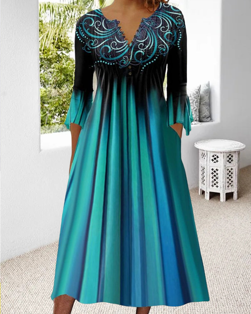 Kleid mit 3/4 Ärmeln und Farbverlauf für Damen | Midi-Länge & Stilvoll