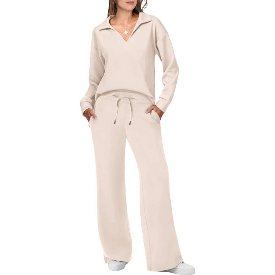 Zweiteiliges Damen Set mit V-Ausschnitt Top & Lockeren Hosen | Schicker Freizeit Look