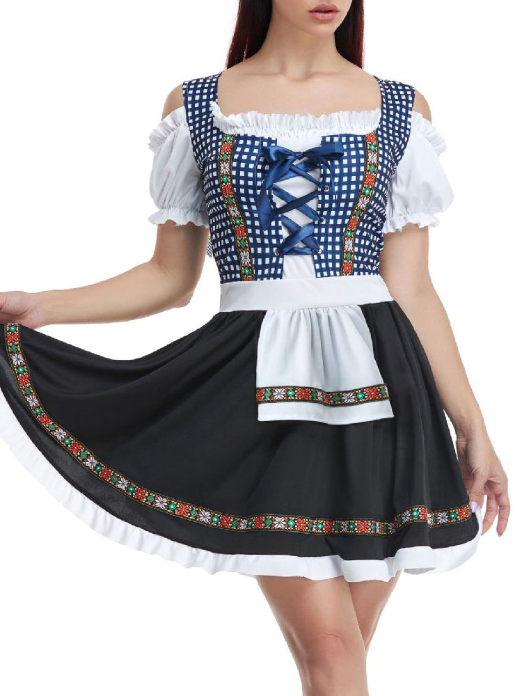 Damen Dirndl Kleid Kariert Klassisch – Oktoberfest Trachtenkleid mit Schürze und Bluse