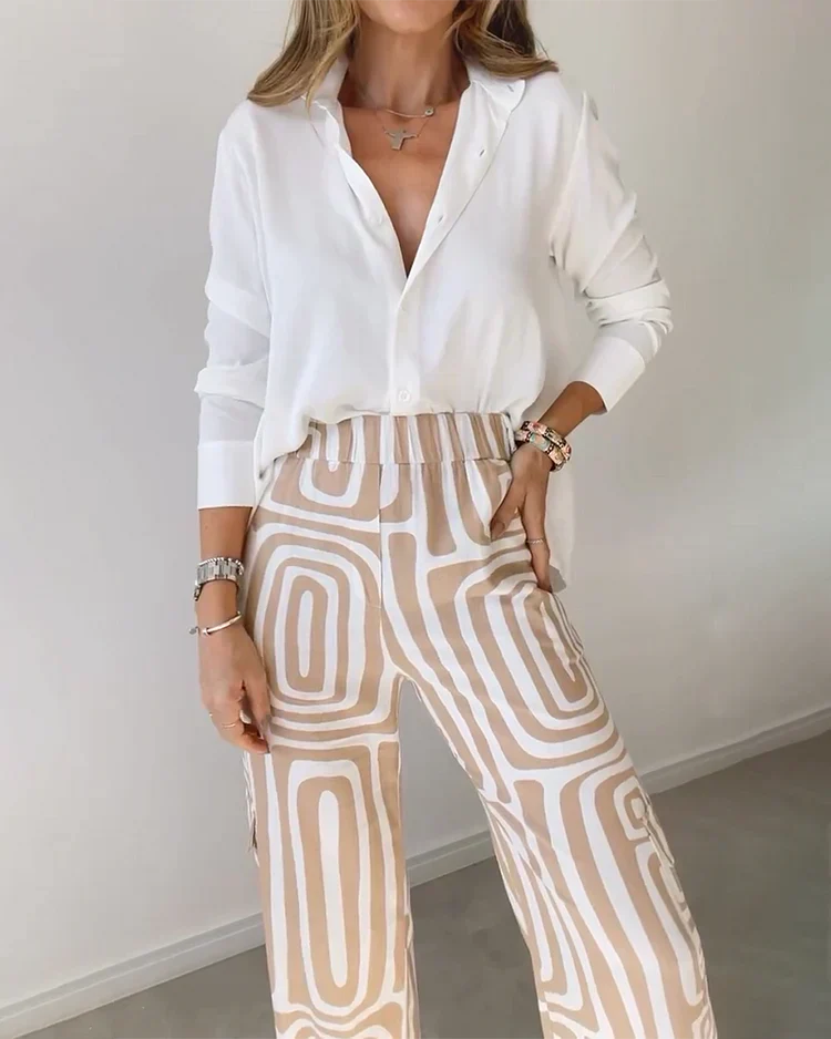 Zweiteiliges Damen Set mit Langarmshirt & Weiter Hose | Formeller Look