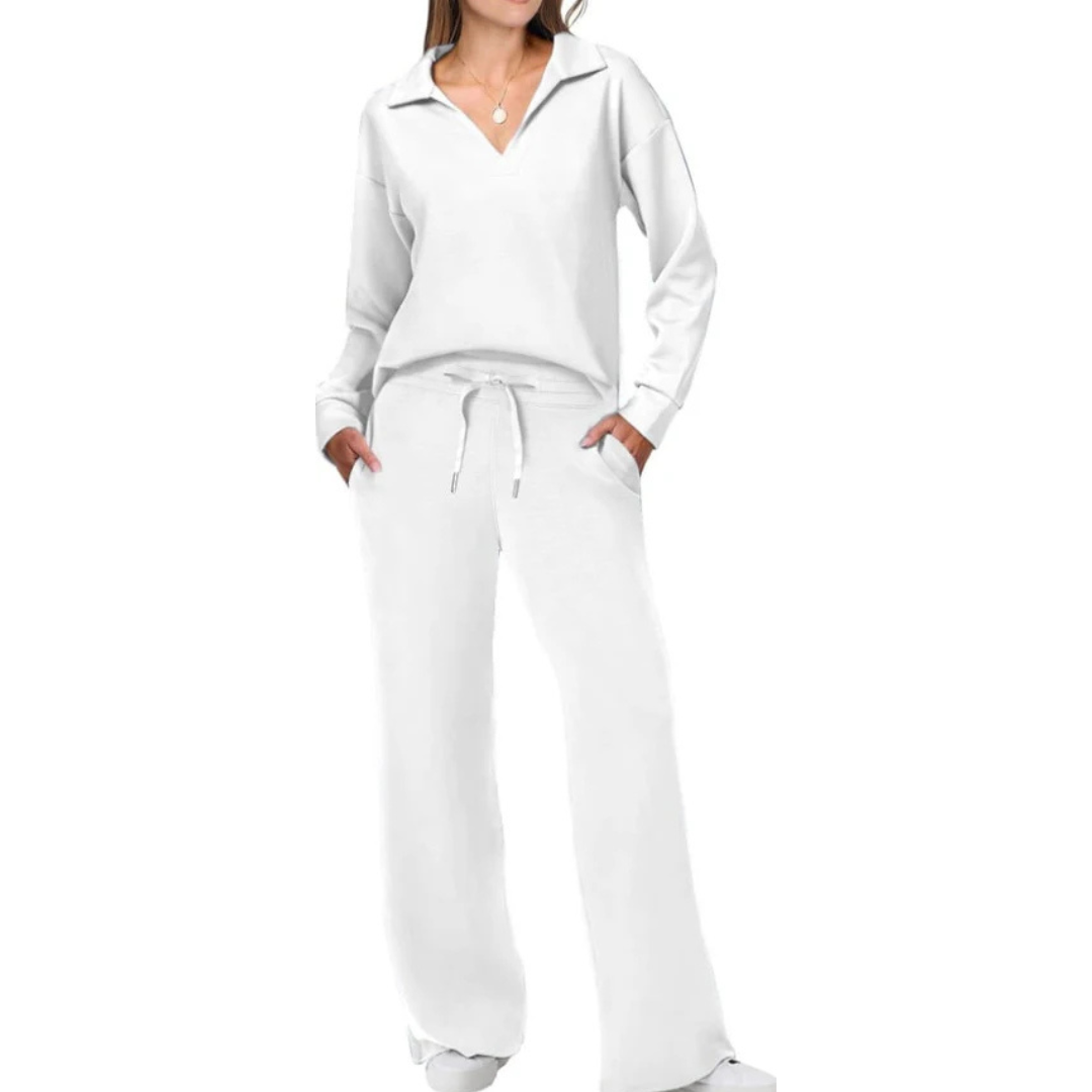 Zweiteiliges Damen Set mit V-Ausschnitt Top & Lockeren Hosen | Schicker Freizeit Look