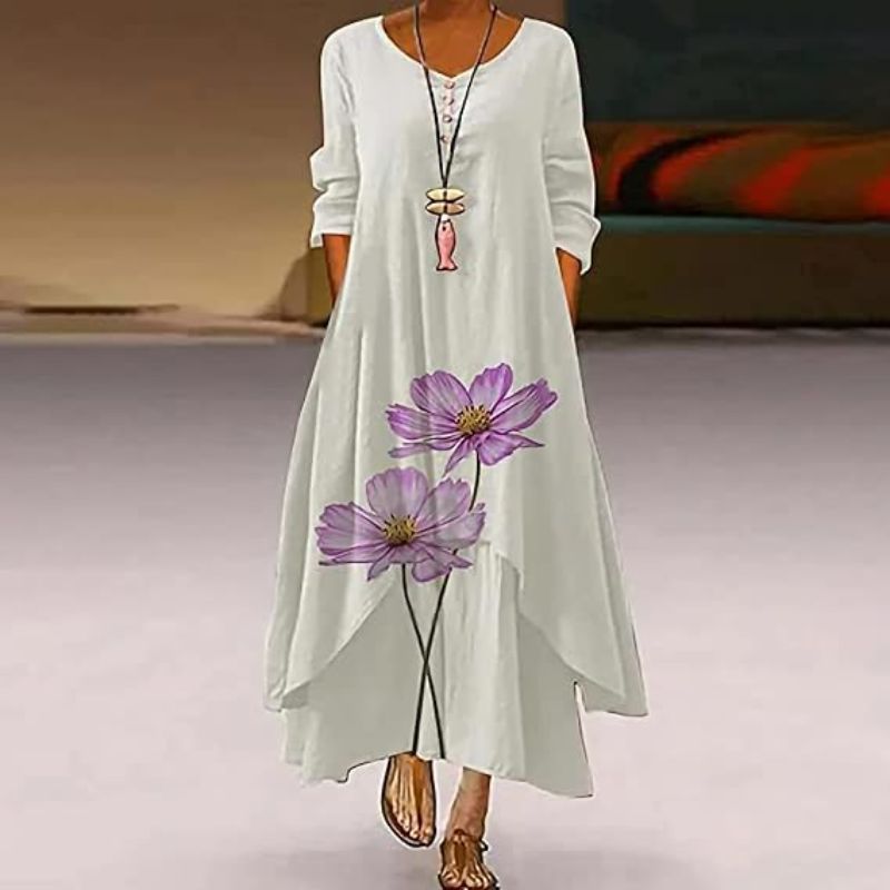 Damen Sommer Doppellagiges Langarm Bedrucktes Kleid | Maxi