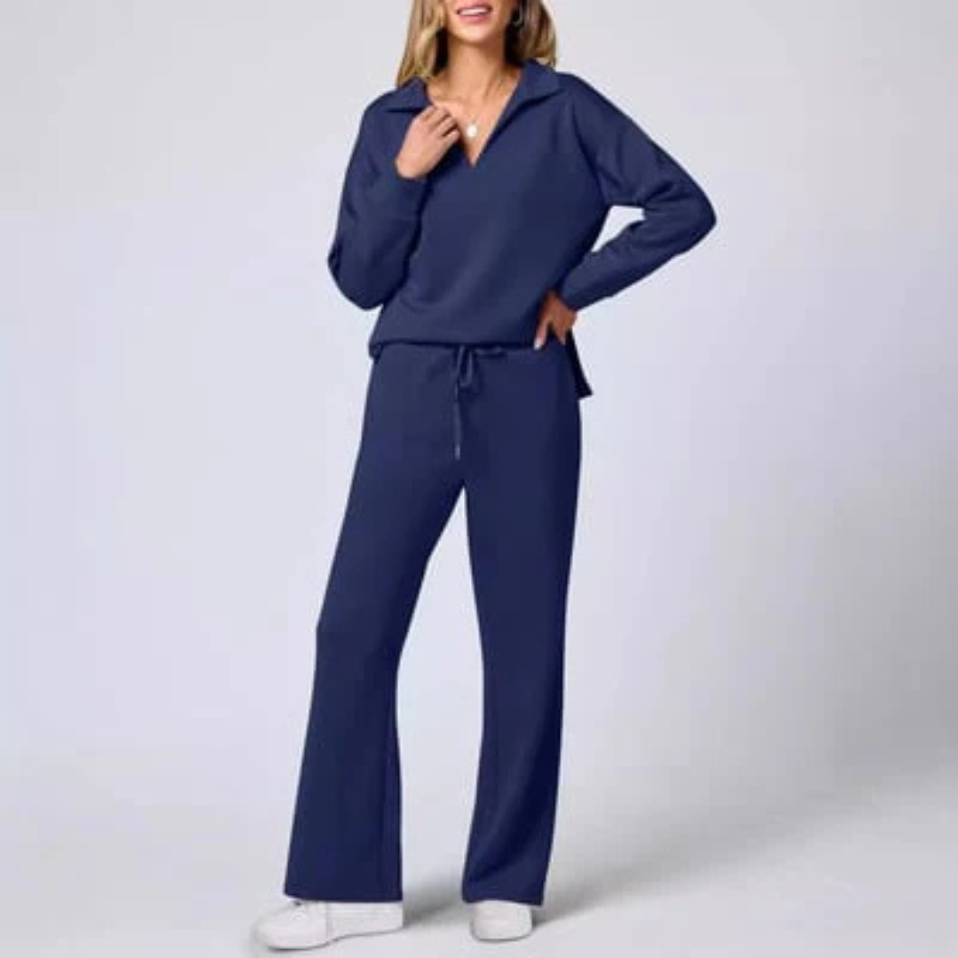 Zweiteiliges Damen Set mit V-Ausschnitt Top & Lockeren Hosen | Schicker Freizeit Look
