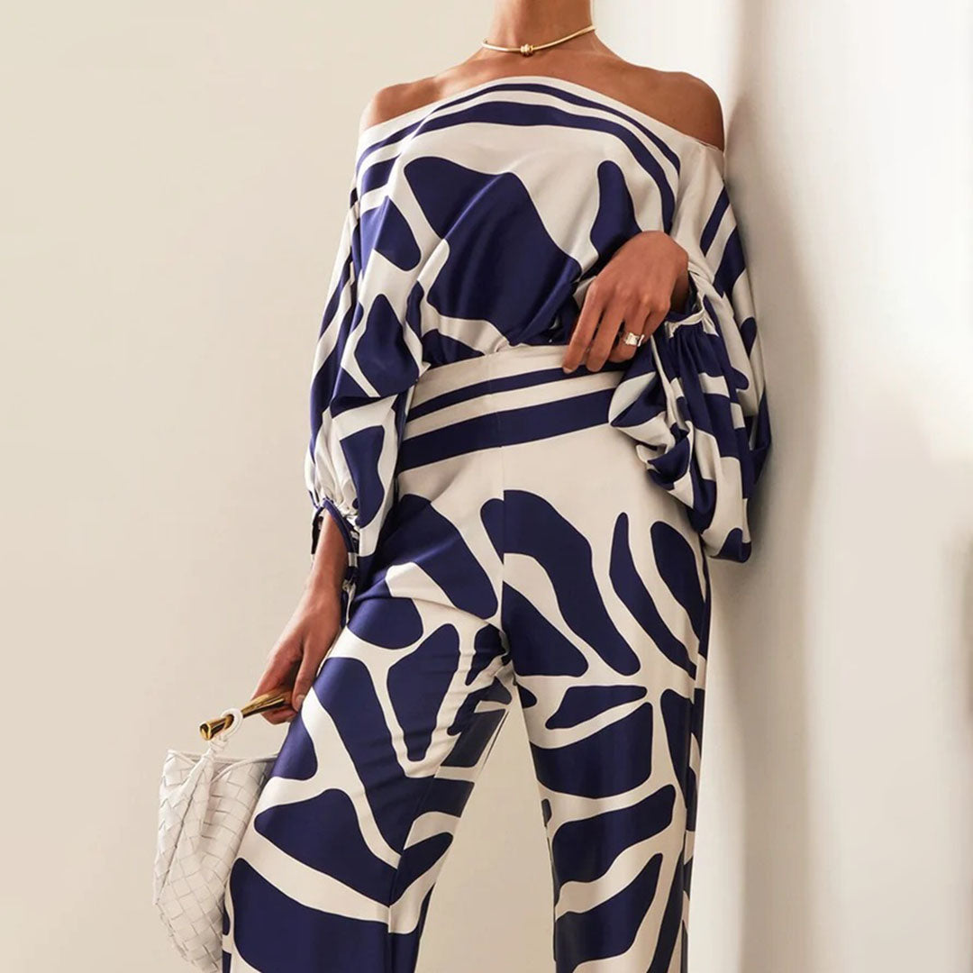Damen One-Shoulder Zweiteiliges Set mit Print | Stylischer Look