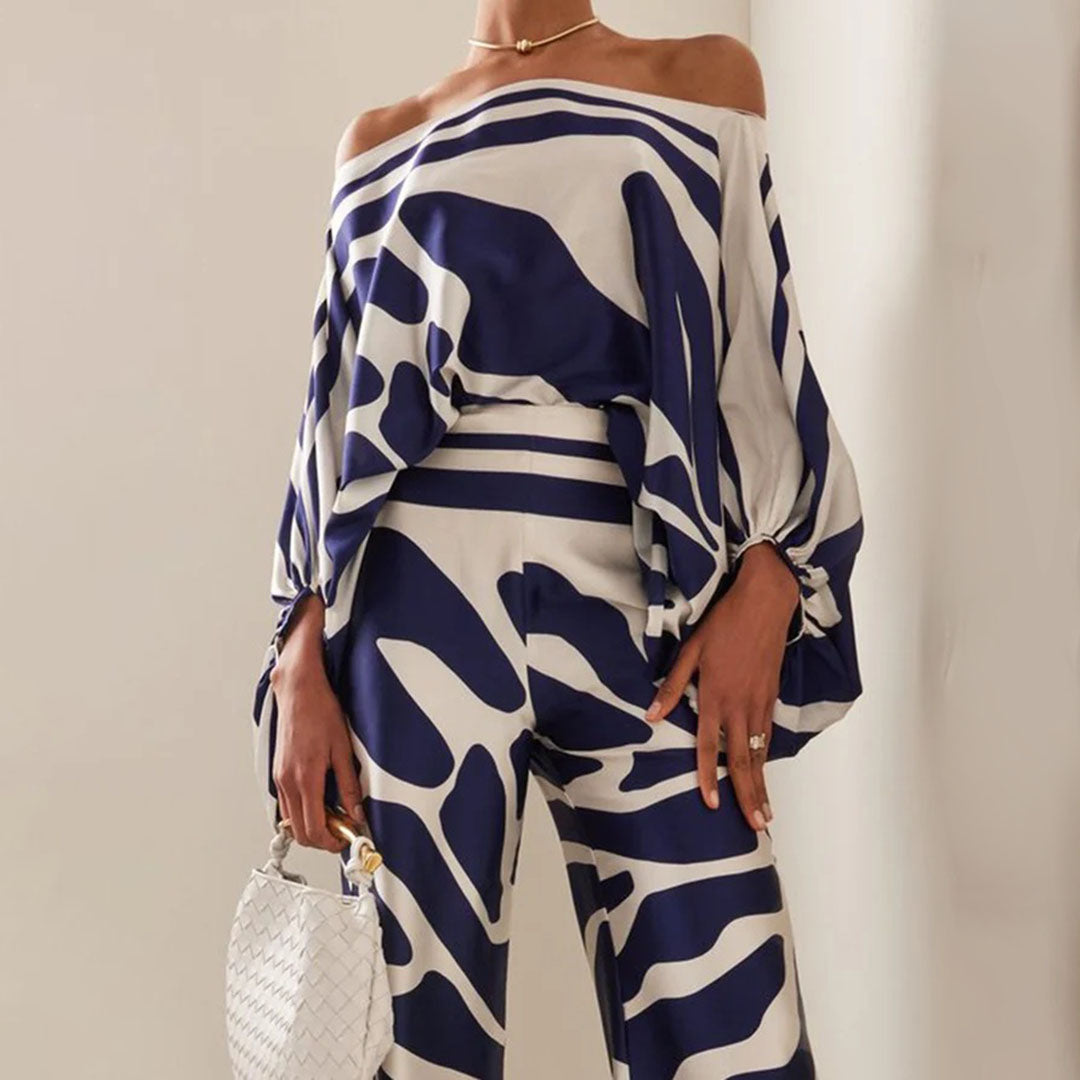 Damen One-Shoulder Zweiteiliges Set mit Print | Stylischer Look
