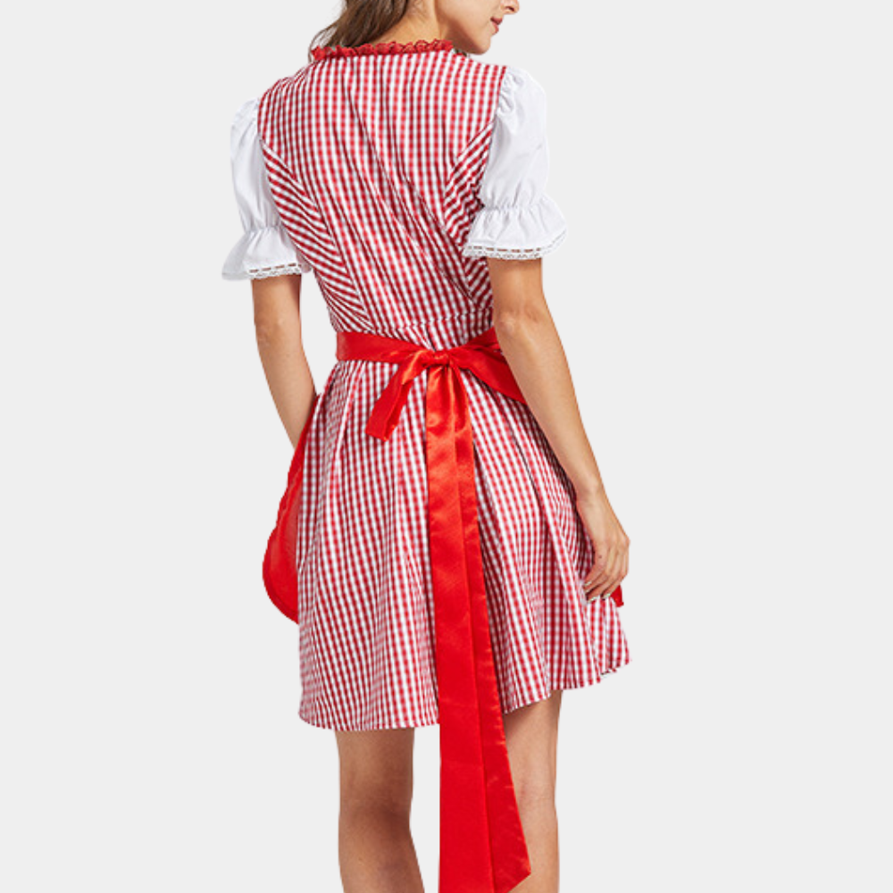 Damen Dirndl Kleid Rot Elegant – Oktoberfest Trachtenkleid mit Schürze und Bluse