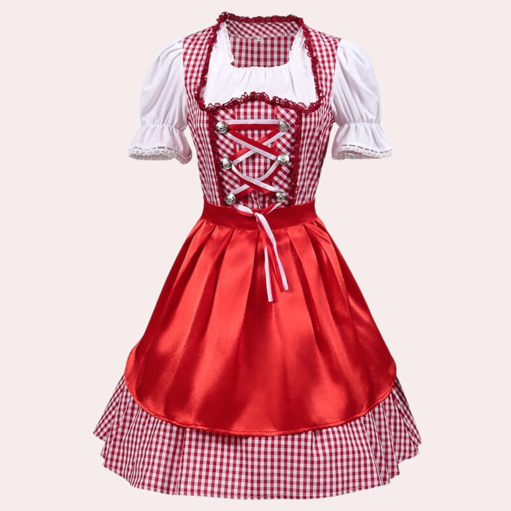 Damen Dirndl Kleid Rot Elegant – Oktoberfest Trachtenkleid mit Schürze und Bluse
