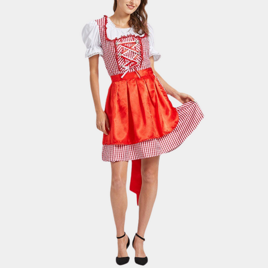 Damen Dirndl Kleid Rot Elegant – Oktoberfest Trachtenkleid mit Schürze und Bluse