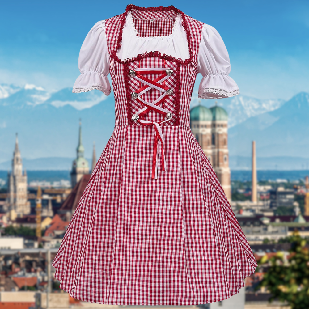 Damen Dirndl Kleid Rot Traditionell – Klassisches Oktoberfest Trachtenkleid mit Karomuster & Rüschen