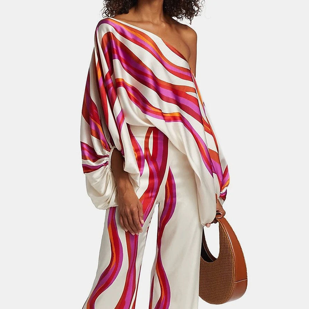 Damen One-Shoulder Zweiteiliges Set mit Print | Stylischer Look