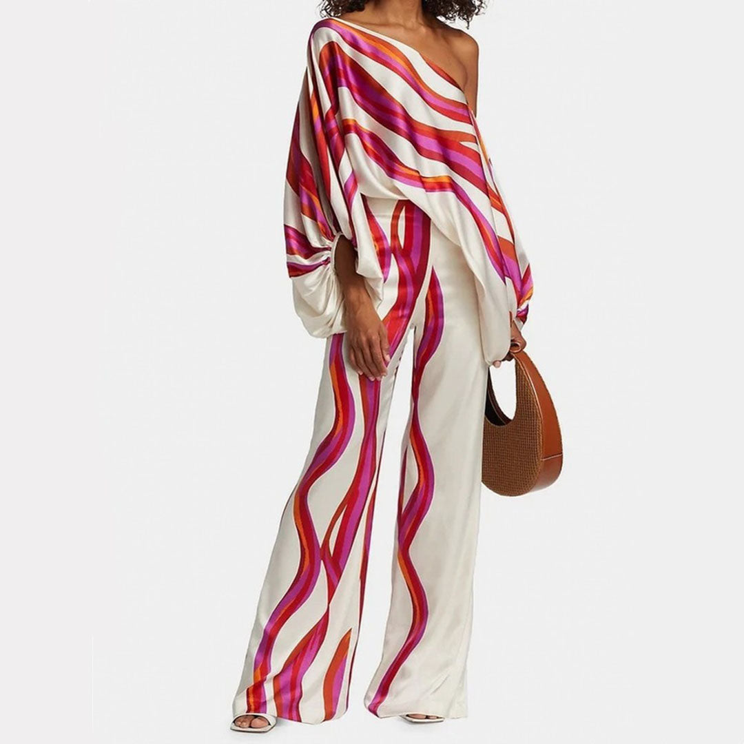Damen One-Shoulder Zweiteiliges Set mit Print | Stylischer Look