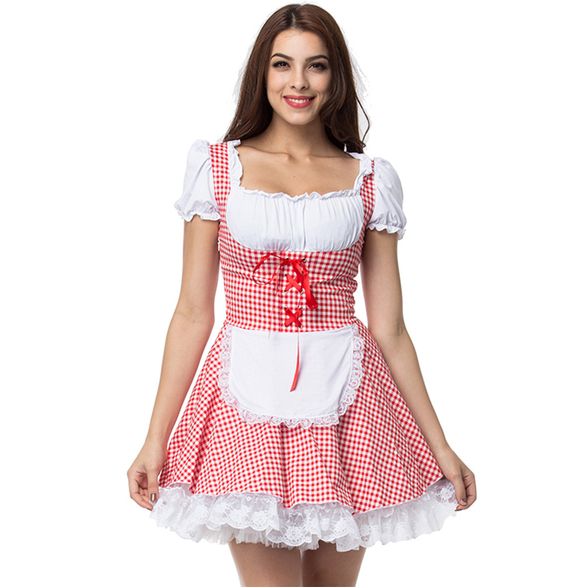 Damen Dirndl Kleid Schulterfrei Kariert – Traditionelles Oktoberfest Trachtenkleid mit Femininer Eleganz