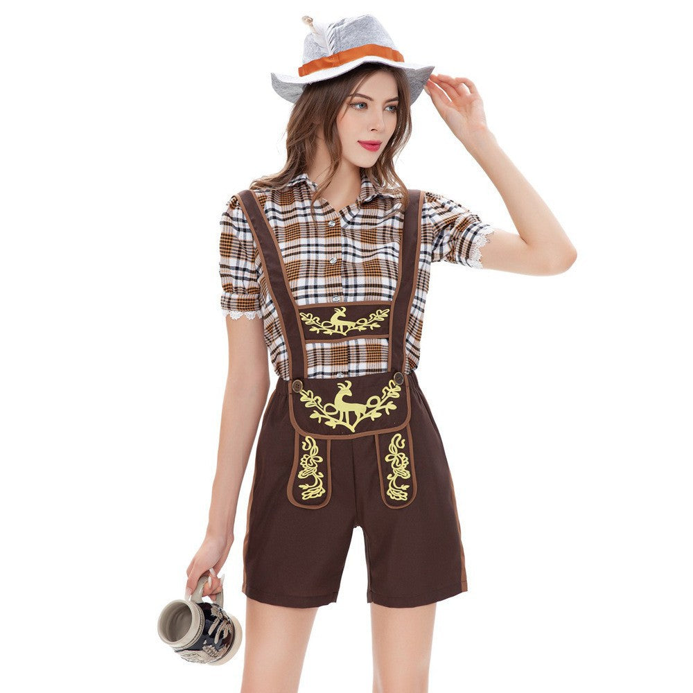 Damen Trachten-Latzhose mit kariertem Oberteil & Stickerei – Oktoberfest Outfit