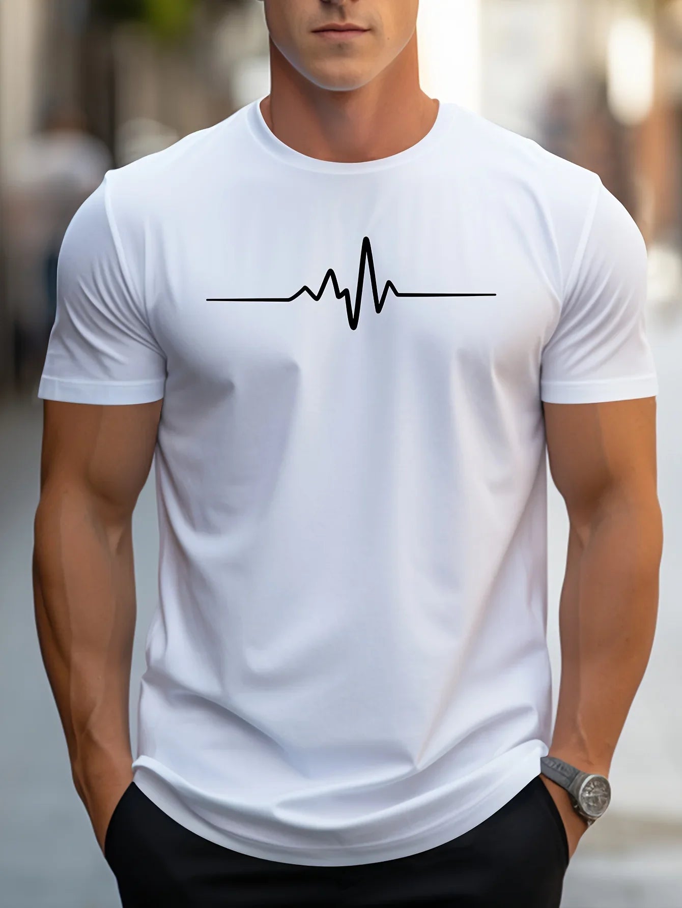 Herren Slim Fit Sommer T-Shirt mit Herzschlag Motiv | Kurzarm & Figurbetont