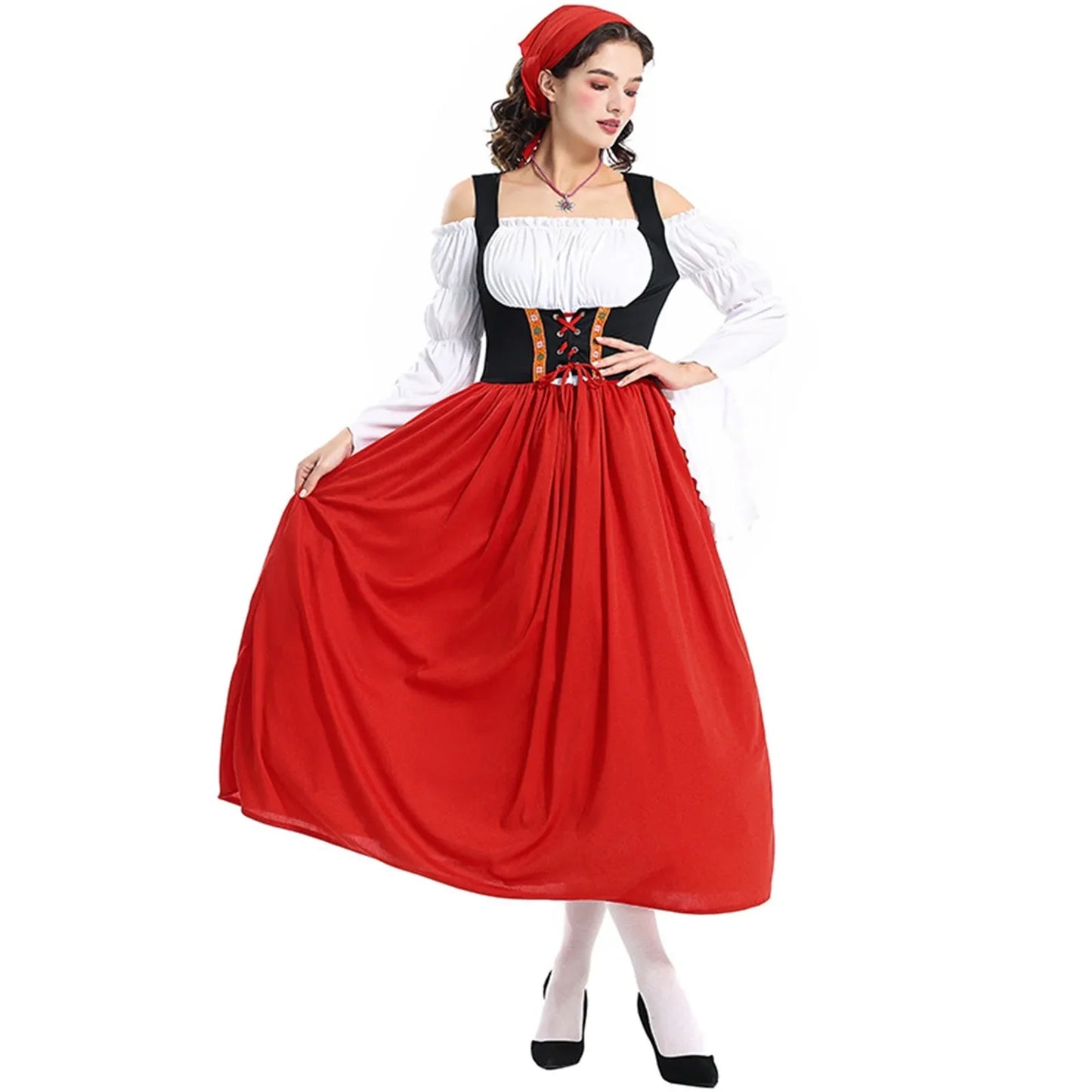 Damen Dirndlkleid Lang – Elegantes Oktoberfest Outfit mit Off-Shoulder Design