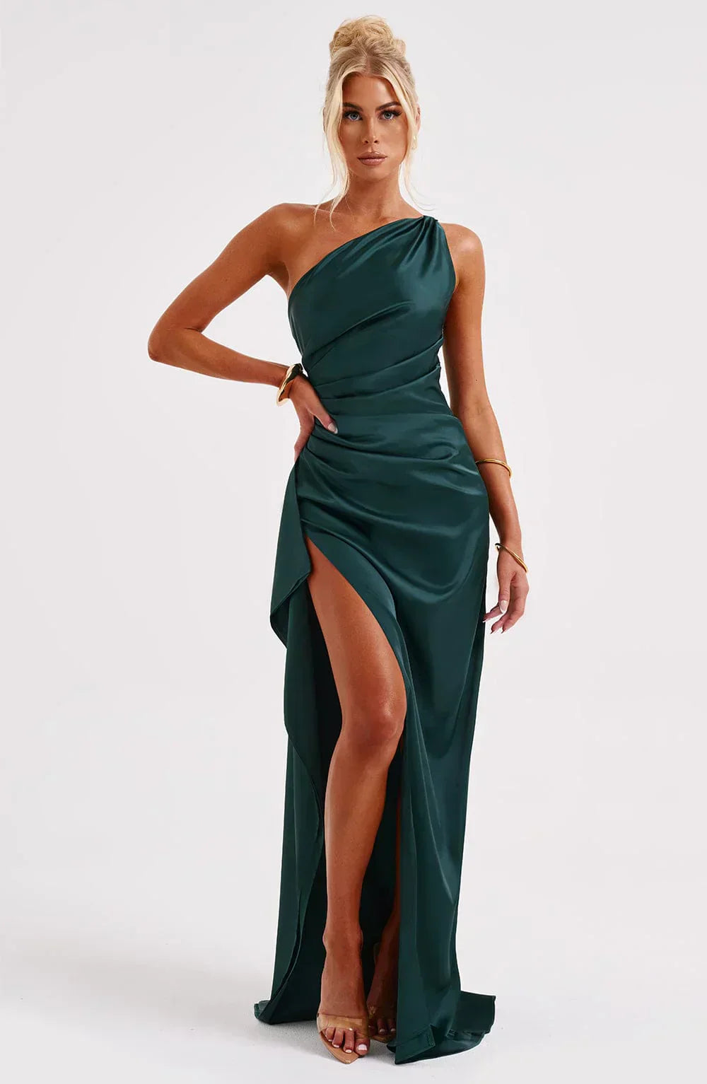 Luxe Satin-Ein-Schulter-Spitzenkleid