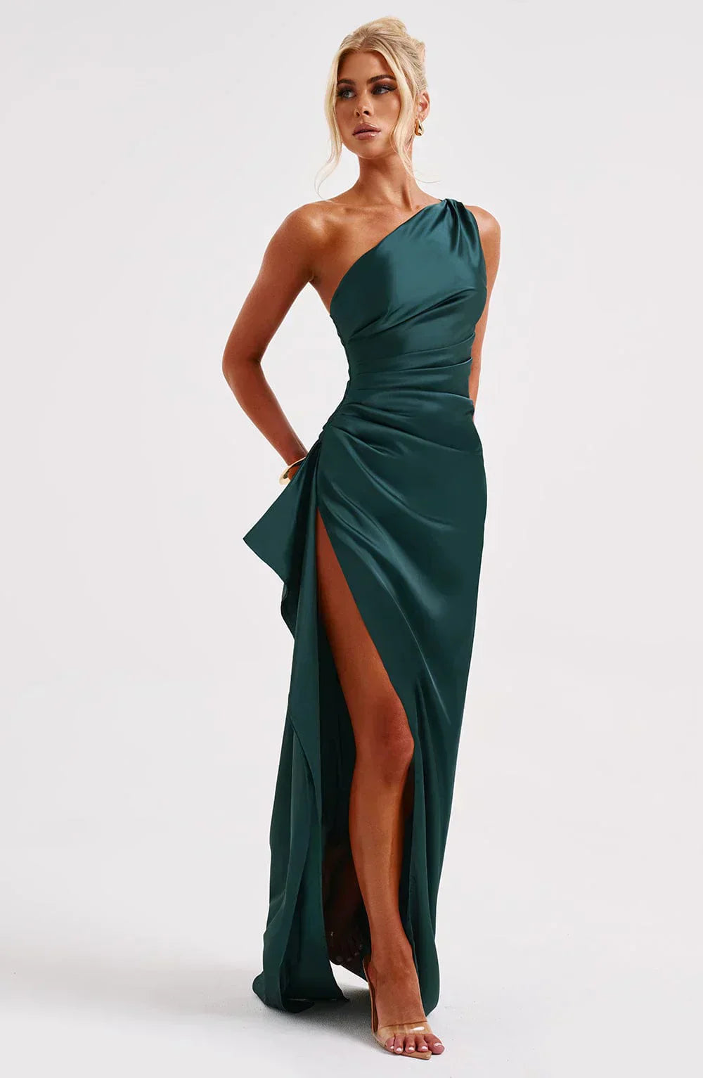 Luxe Satin-Ein-Schulter-Spitzenkleid