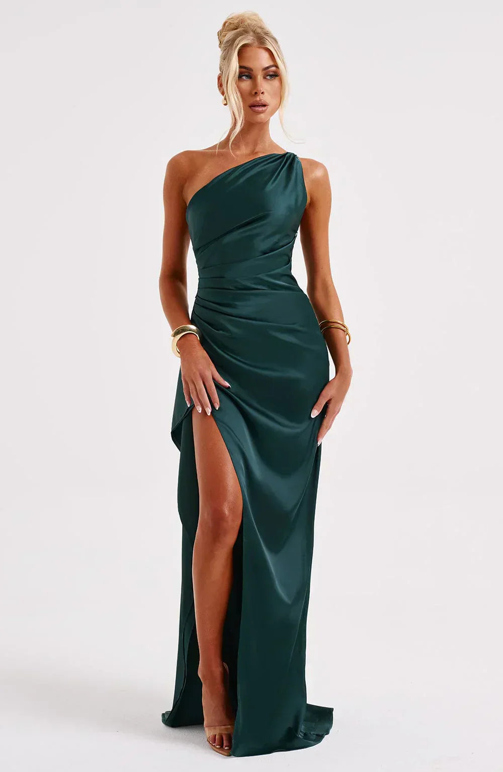 Luxe Satin-Ein-Schulter-Spitzenkleid