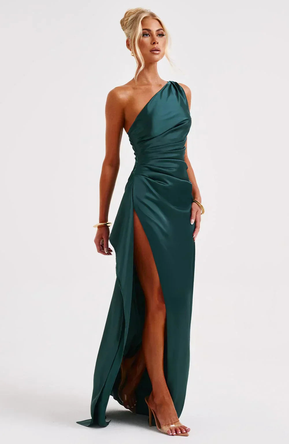 Luxe Satin-Ein-Schulter-Spitzenkleid