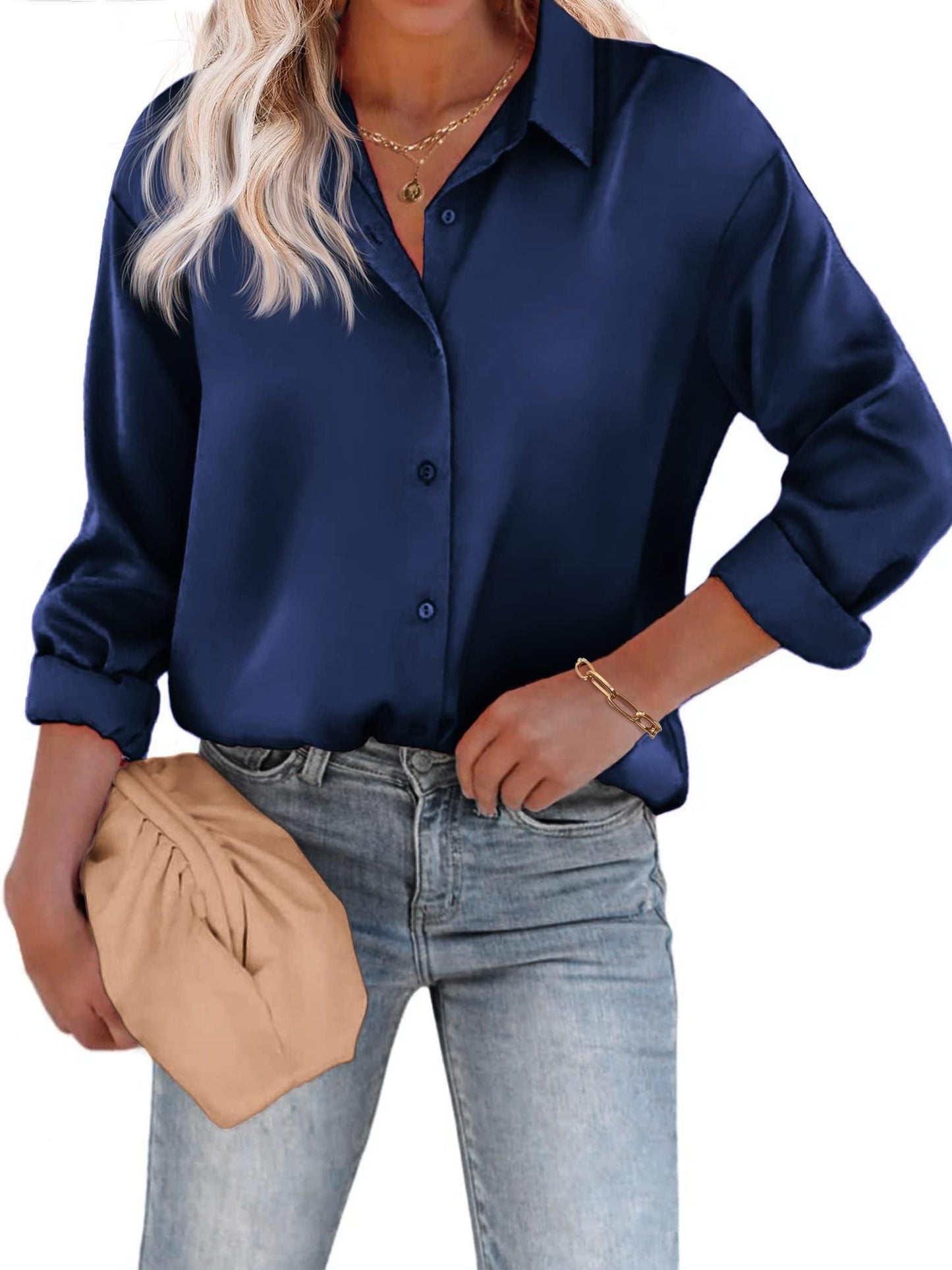 Esthere | Lässige Satinbluse mit Knopfleiste und langen Ärmeln
