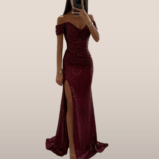 Solenya | Off-Shoulder Abendkleid mit Pailletten und Schlitz