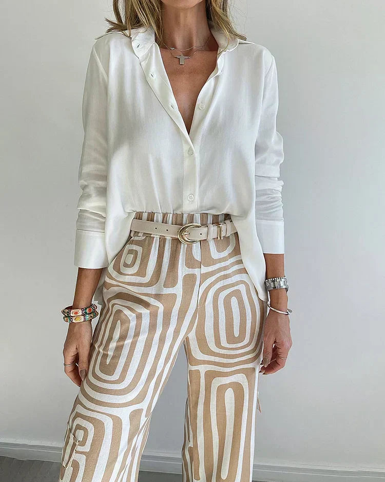 Zweiteiliges Damen Set mit Langarmshirt & Weiter Hose | Formeller Look