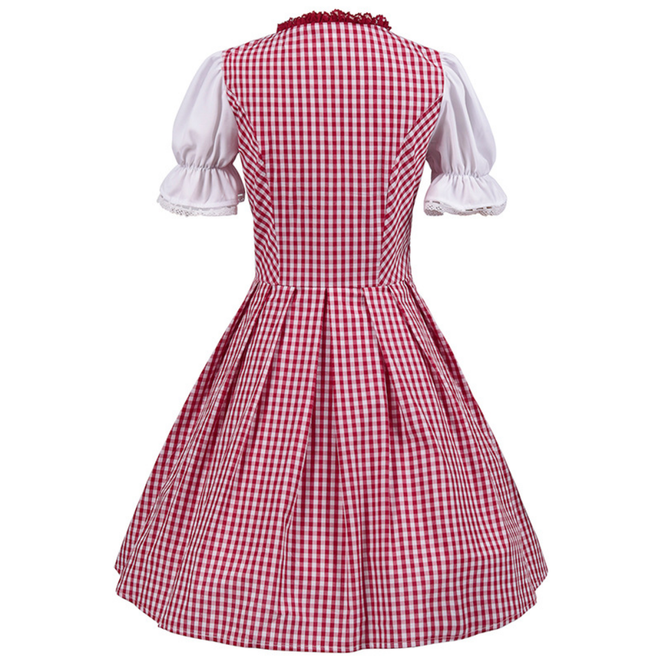Damen Dirndl Kleid Rot Traditionell – Klassisches Oktoberfest Trachtenkleid mit Karomuster & Rüschen