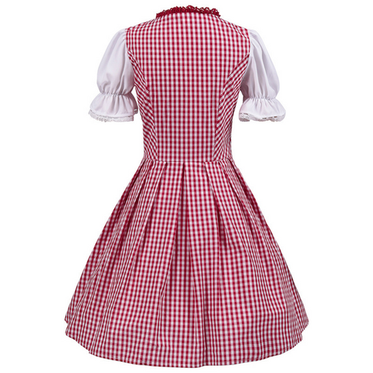 Damen Dirndl Kleid Rot Traditionell – Klassisches Oktoberfest Trachtenkleid mit Karomuster & Rüschen
