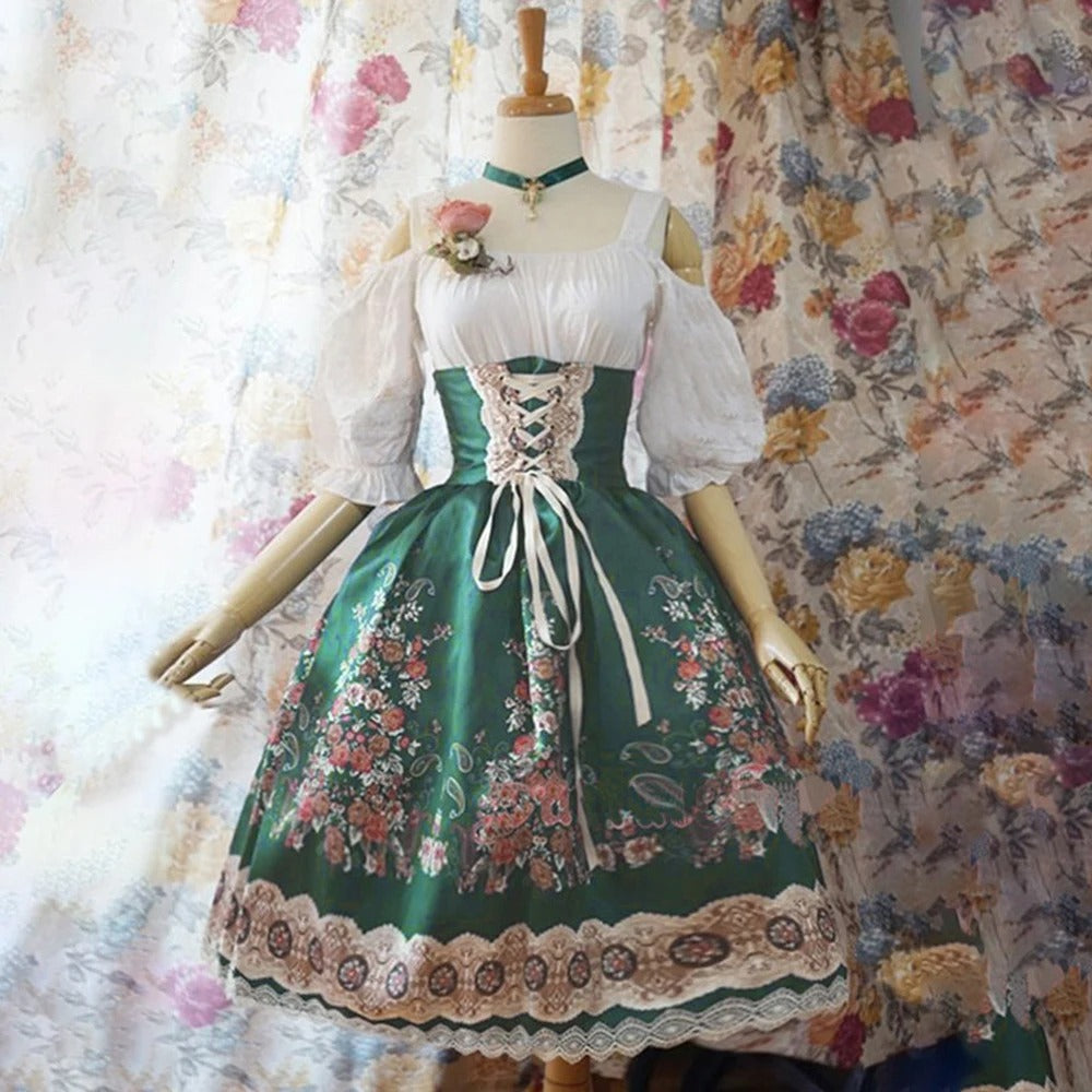 Damen Dirndl Kleid mit Blumenmuster – Traditionelles Oktoberfest Trachtenkleid Eleganz & Romantik
